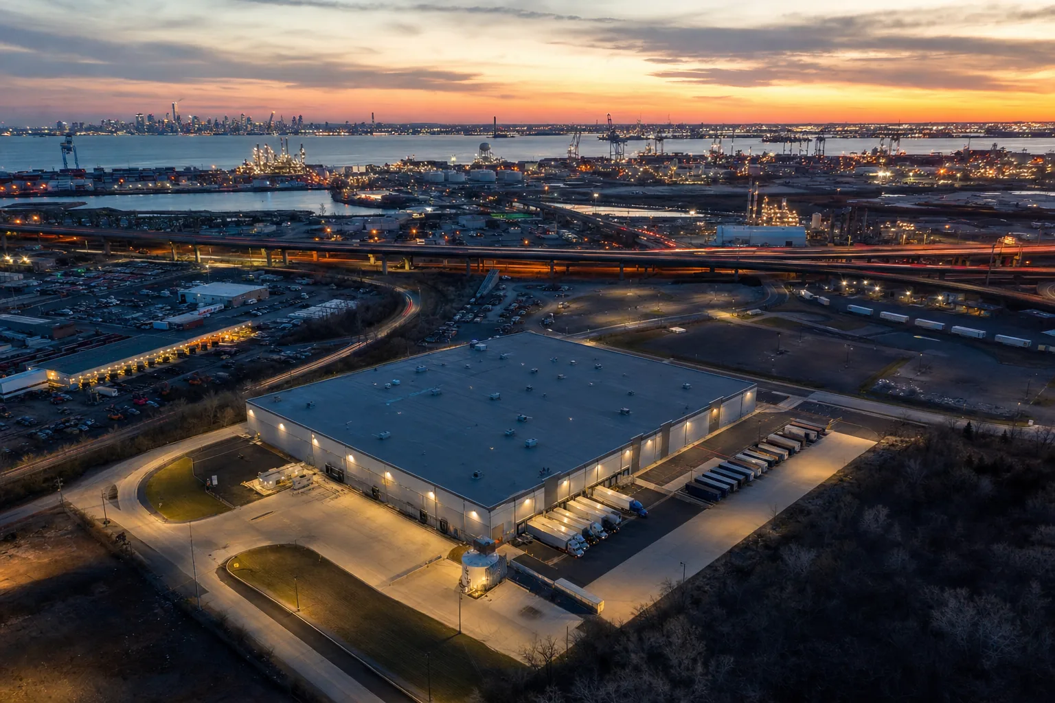 Aerial view of a New Jersey industrial corridor with warehouses, trailers and port cranes on the horizon