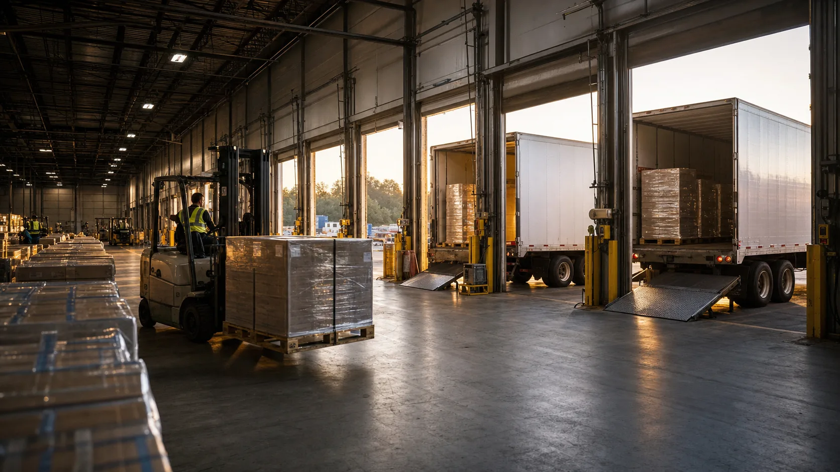 Loading dock with trailers backed in and a forklift moving a wrapped pallet