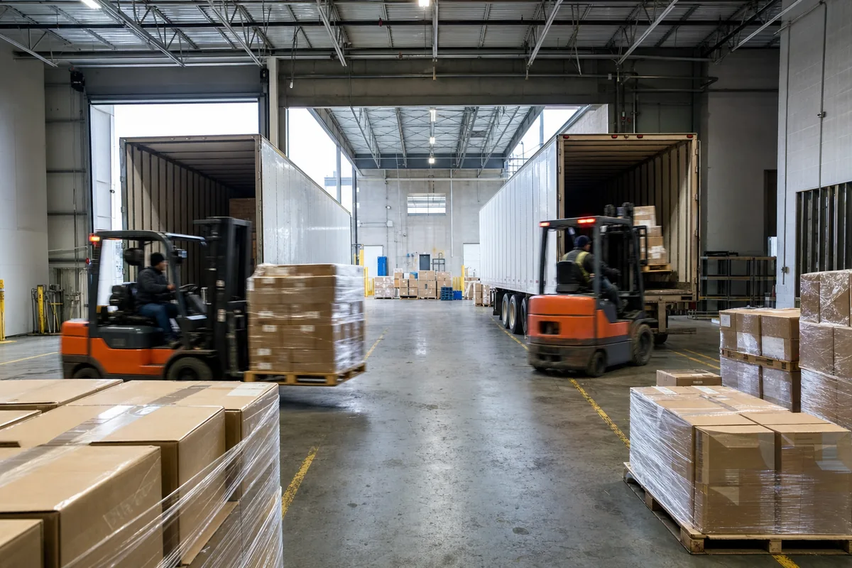 Forklifts moving freight across a cross-dock aisle between inbound and outbound trailers